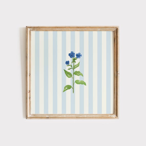 Blue Striped Minimal Floral Art Print, Cottage Nursery
