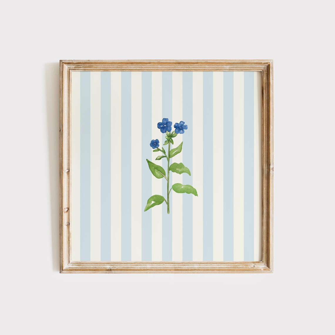 Blue Striped Minimal Floral Art Print, Cottage Nursery