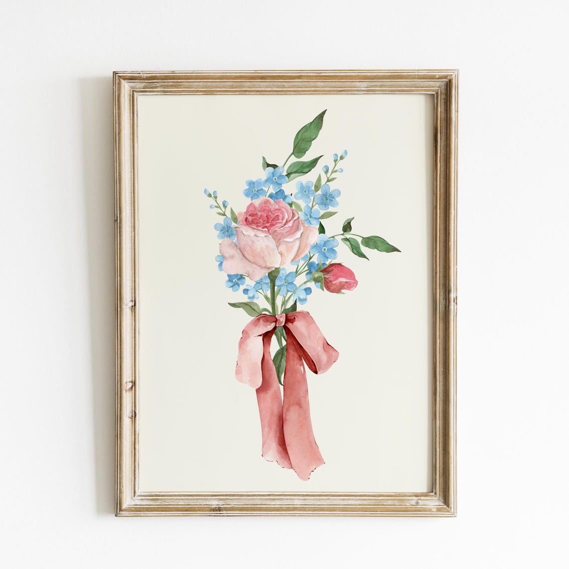 Watercolor Rose Bouquet Pink Bow Blue Wildflowers Romantic Wall Art - Image 2