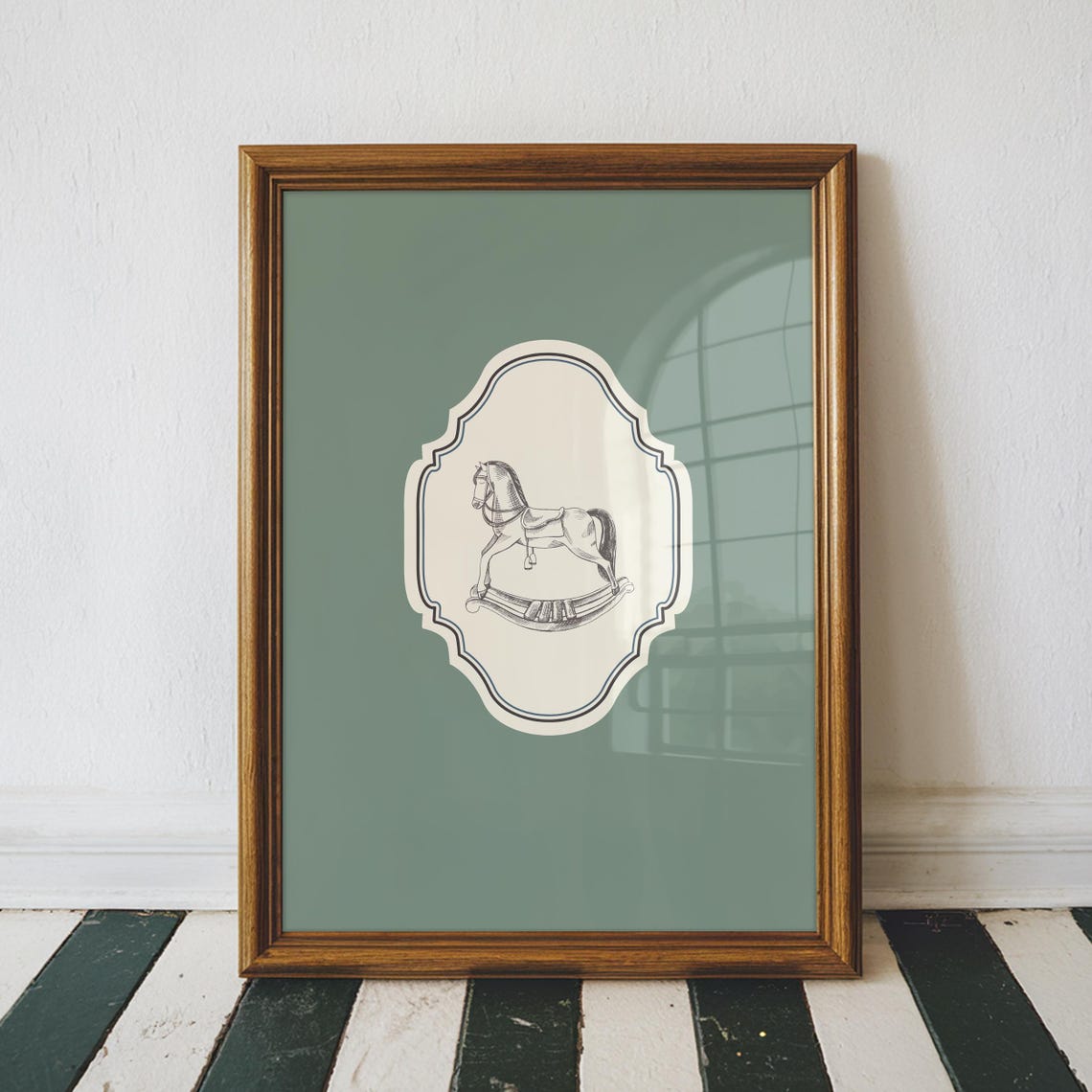 Vintage Rocking Horse Green Ornate Square Nursery Cottage Poster - Image 3
