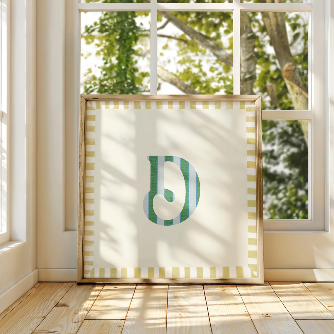 Swash Letter D Green Blue Striped Monogram Cream Framed Art Print - Image 4