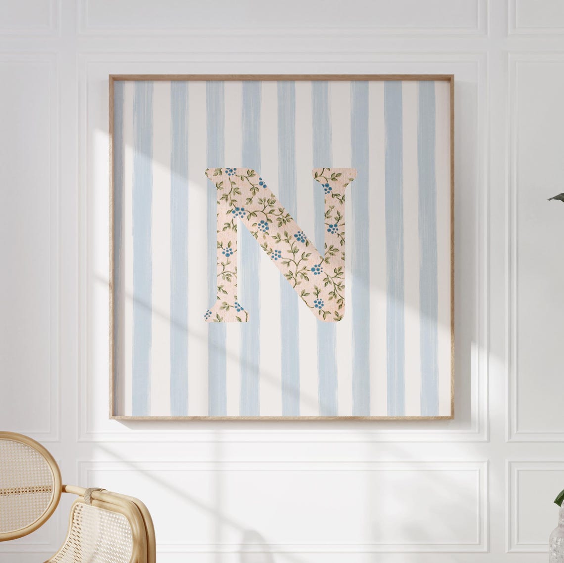 Floral Chintz Letter N Monogram Initial Blue Striped Wall Poster