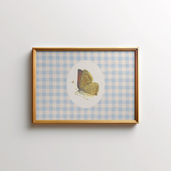 Orange Butterfly on Blue Gingham Oval Vintage Nursery Poster