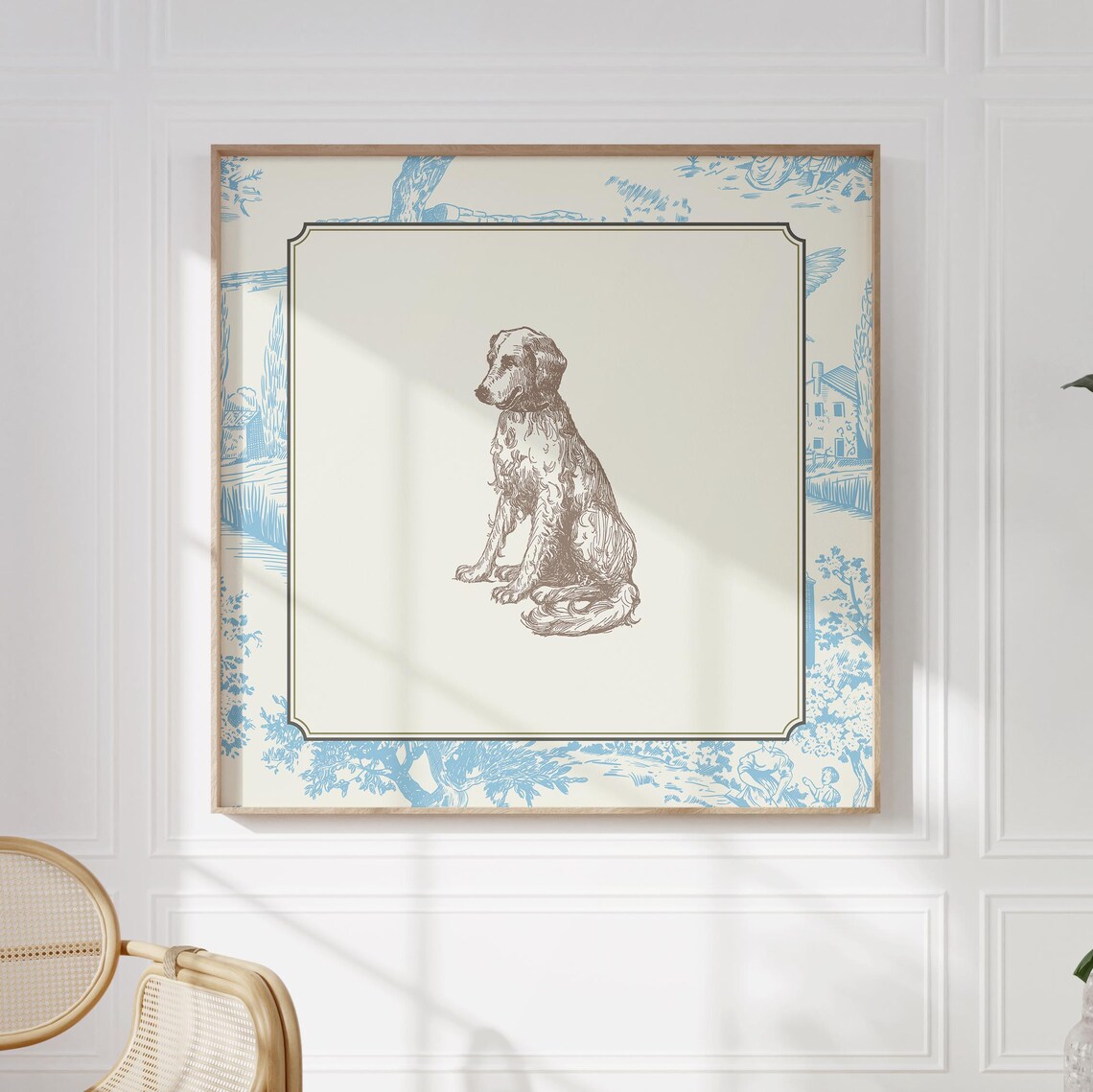 Vintage Blue Toile Sitting Puppy Sketch Cottage Nursery Wall Art Print - Image 4