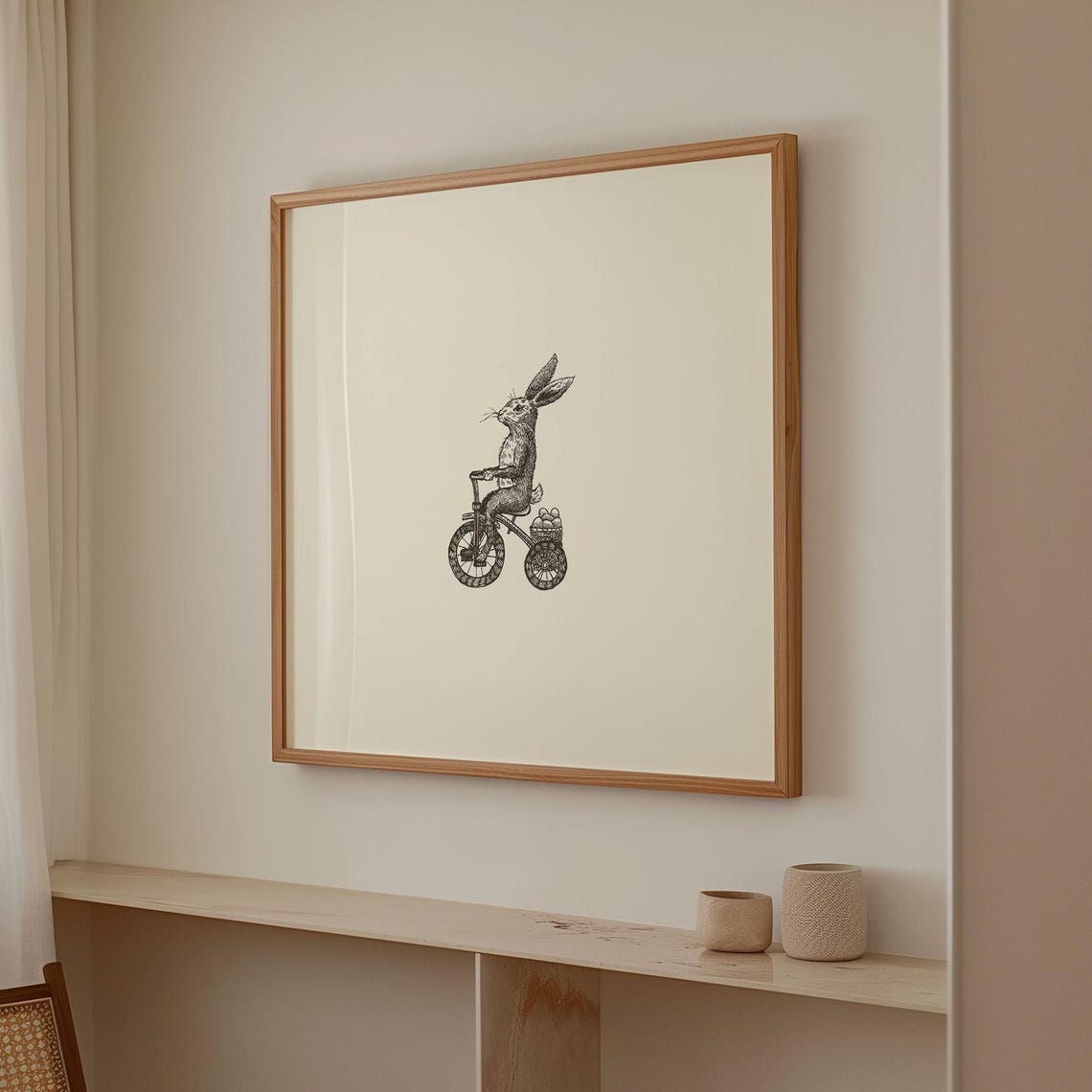 Vintage Rabbit Riding Tricycle Ink Sketch Square Animal Decor Poster - Image 4