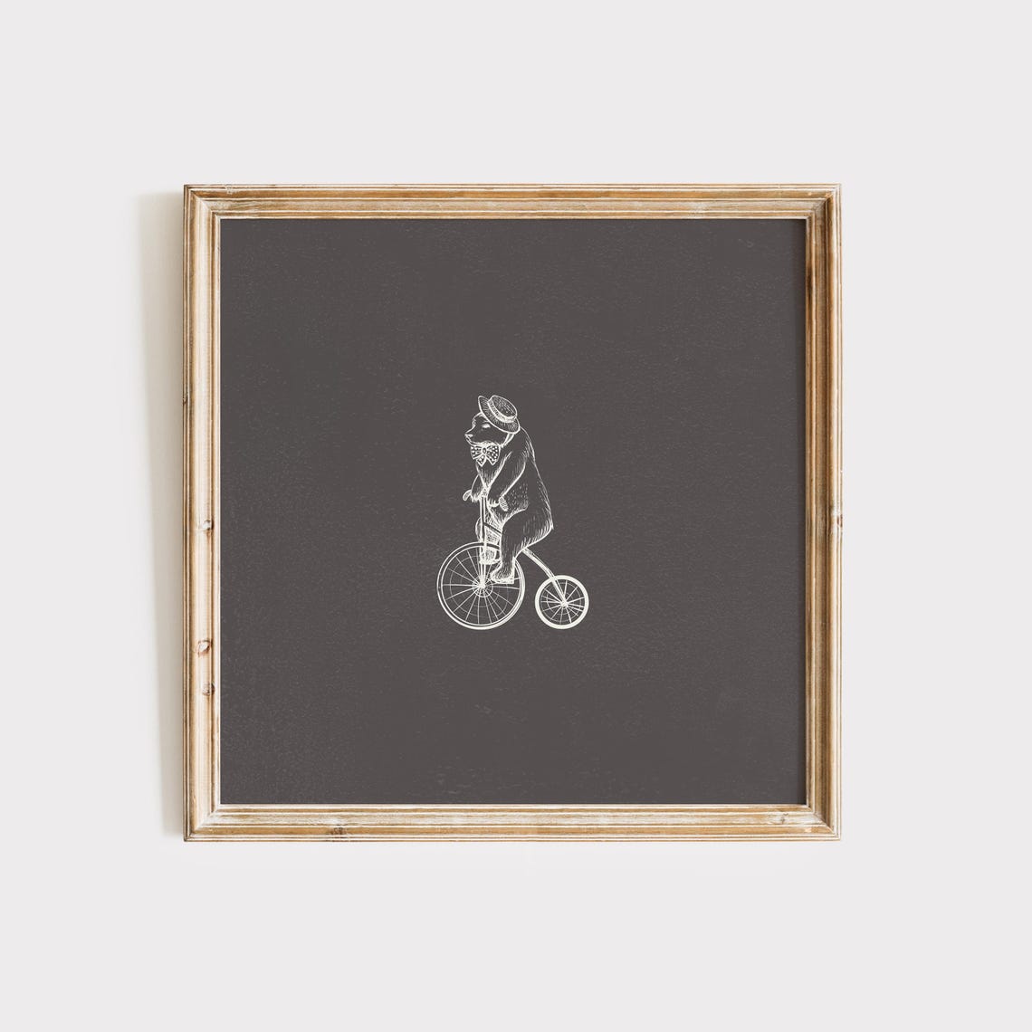 Chalk Bear Riding Bicycle Dark Vintage Square Animal Decor Poster