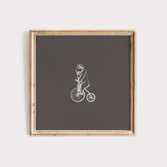 Chalk Bear Riding Bicycle Dark Vintage Square Animal Decor Poster