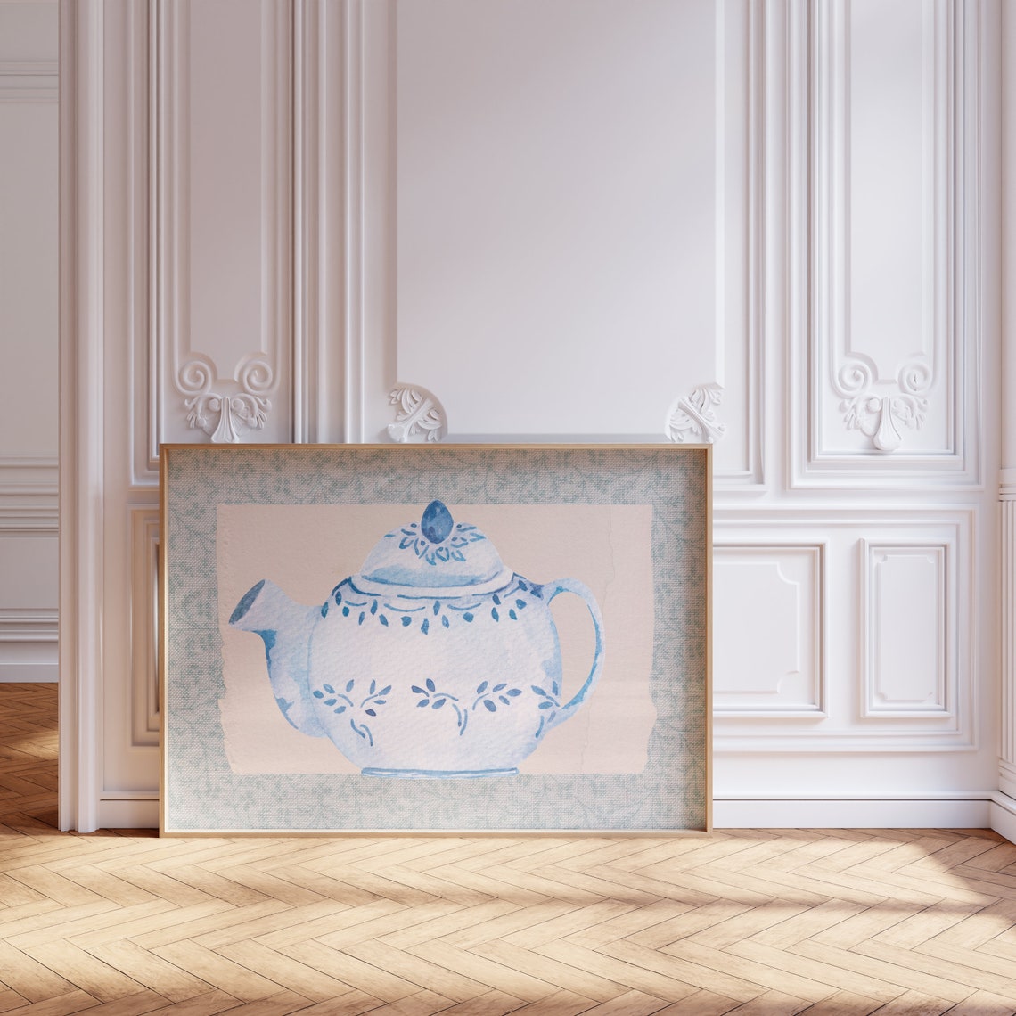 Blue and White Chinoiserie Teapot Watercolor Kitchen Wall Poster - Image 2