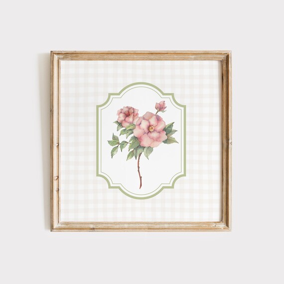 Blush Pink Rose Stem in Sage Green Frame on White Gingham Floral Poster