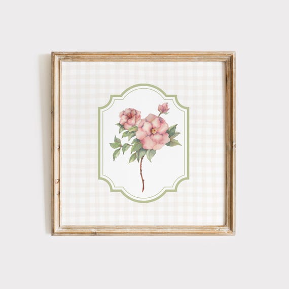 Vintage Pink Floral Square Print Instant Wall Art Trendy Decor Illustration Living Room Art Nursery Decor