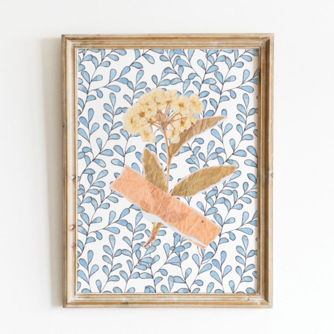 Blue Vine Pattern With Torn Paper Floral Cut Collage Art Poster