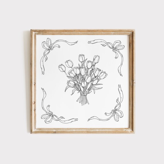 Black Line Tulip Bouquet With Corner Bows Sketch Style Poster