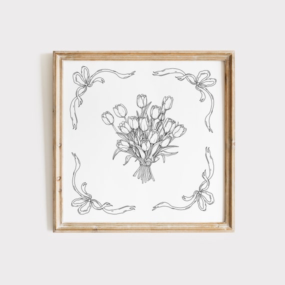 Simple Black Tulip Floral Print Instant Wall Art Trendy Decor Botanical Illustration Living Room Cottage Nursery