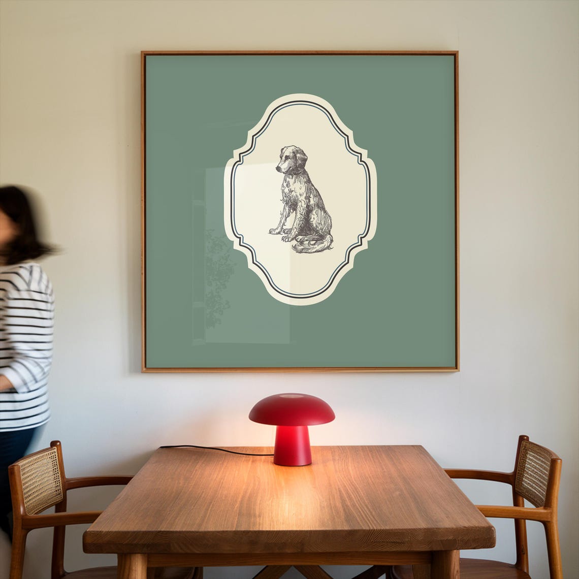 Sage Green Square Sitting Dog Engraving Ornate Vintage Animal Poster - Image 2