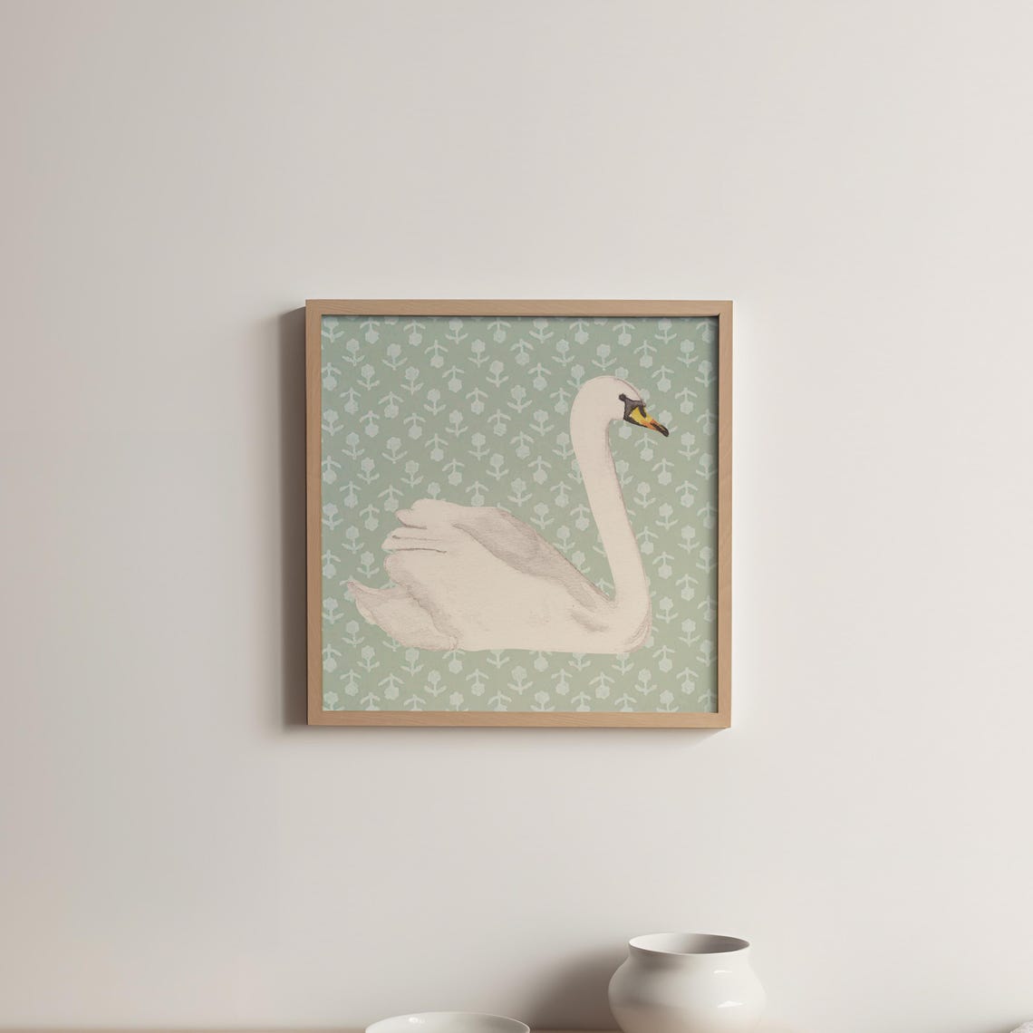 White Swan Sage Green Block Print Vintage Nursery Wall Art Poster - Image 3