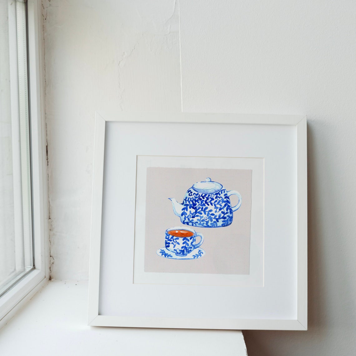 Blue White Chinoiserie Teapot and Teacup Watercolor Art Print - Image 2