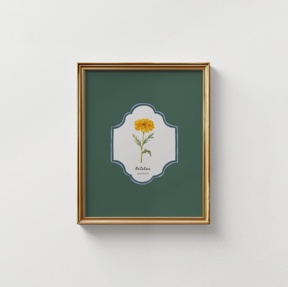 October Marigold Birth Flower Deep Green Botanical Vintage Wall Art - Image 5