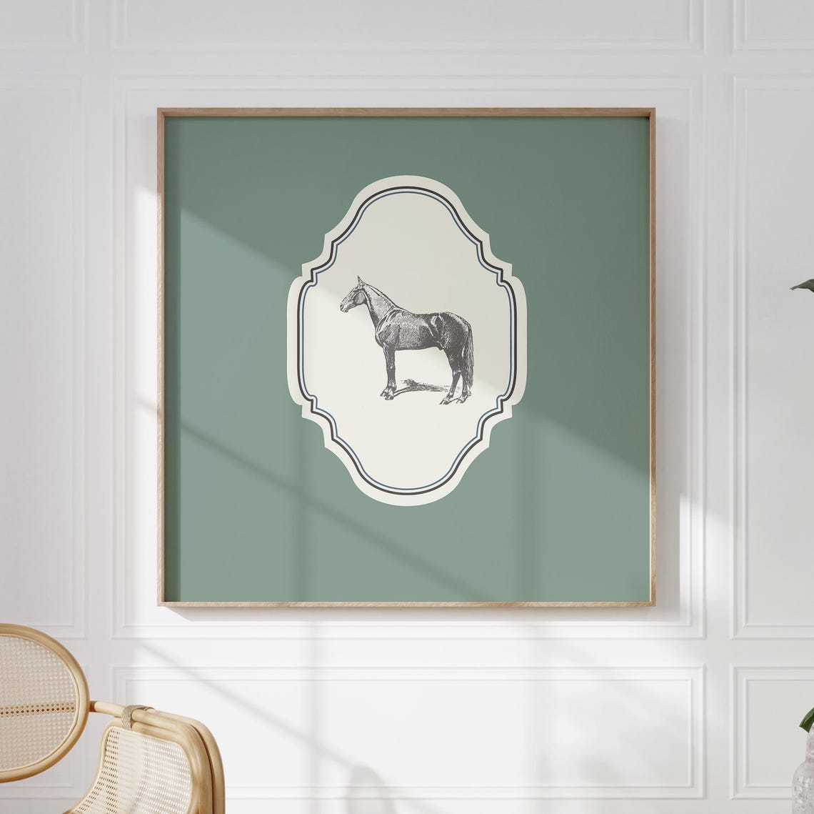Vintage Horse Engraving Sage Green Ornate Square Nursery Poster - Image 2