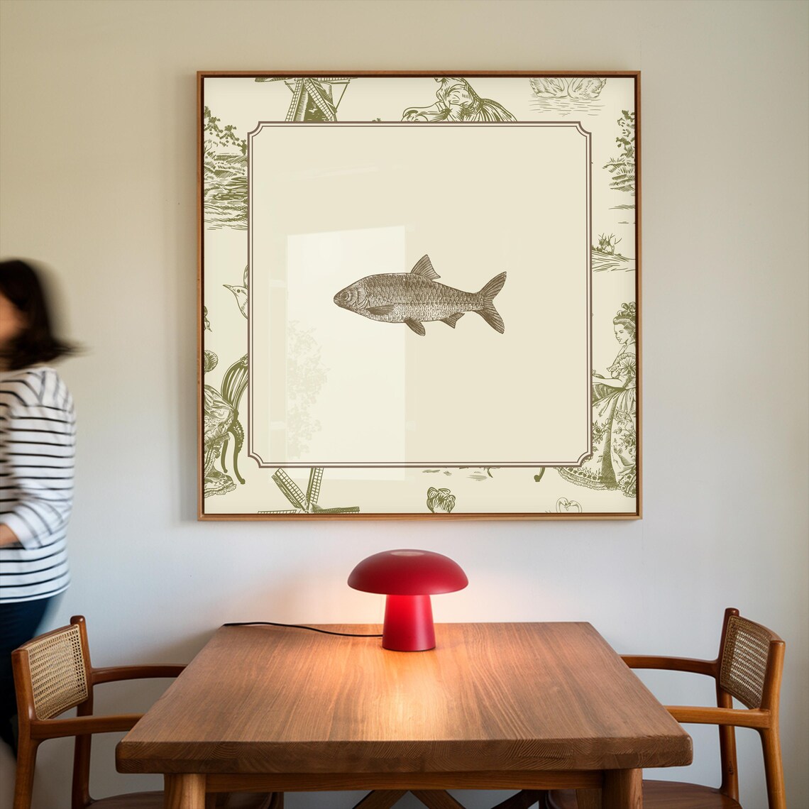 Vintage Green Toile Fish Print Art Print, Cottage Nursery - Image 3