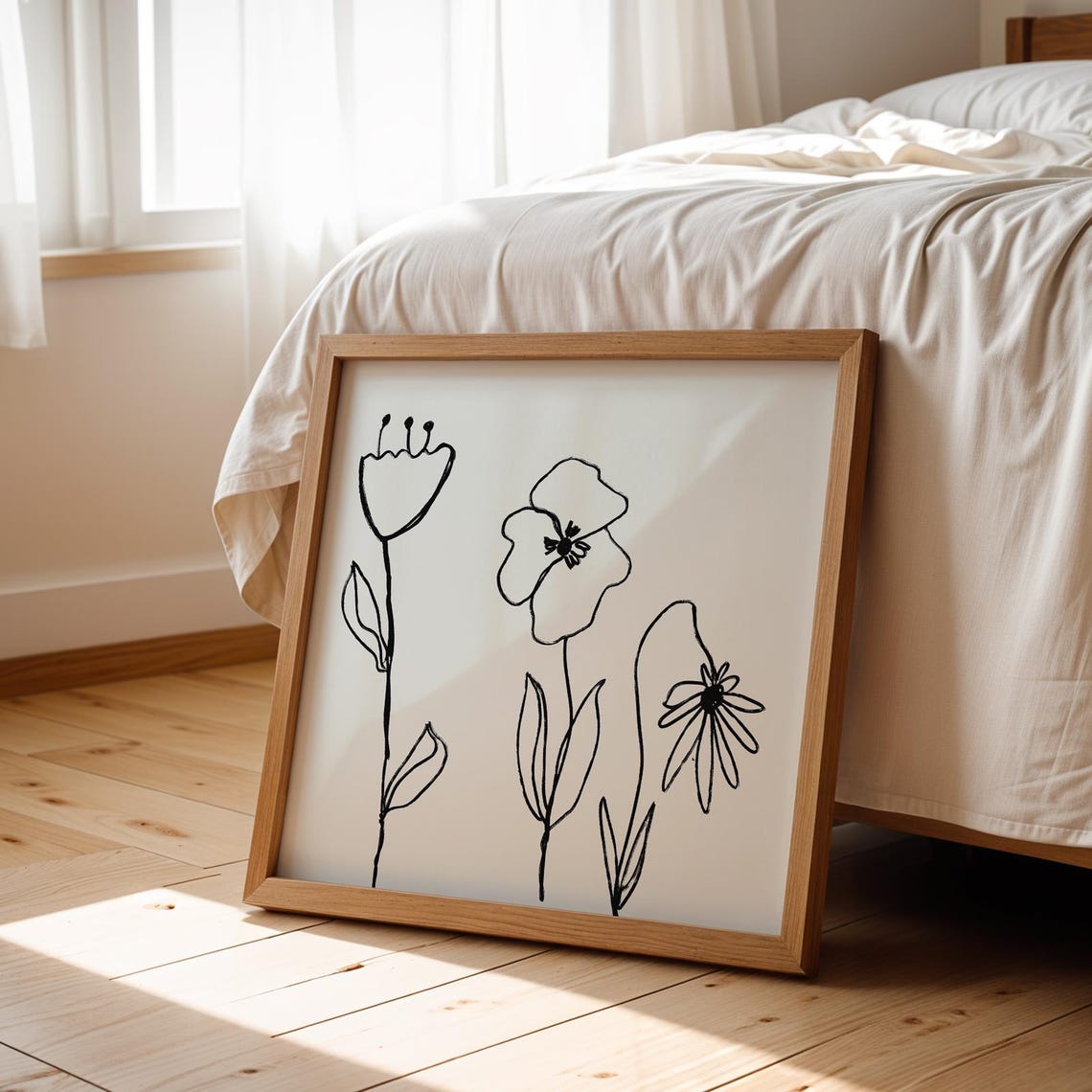 Minimalist Black Line Art Wildflowers Cream Modern Nursery Wall Art - Image 3