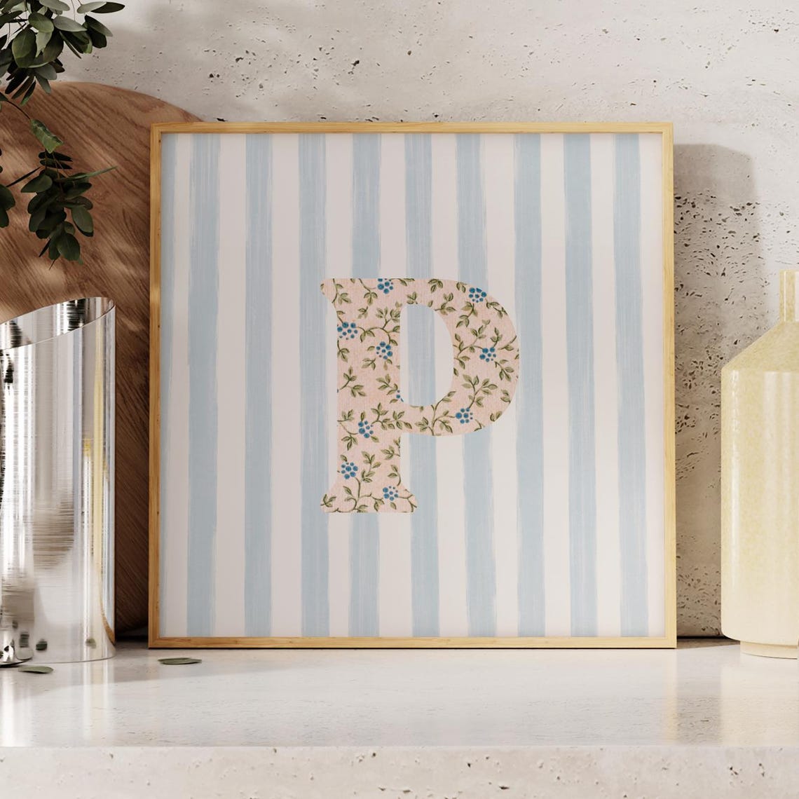 Floral Chintz Letter P Monogram Initial Blue Striped Wall Poster - Image 2