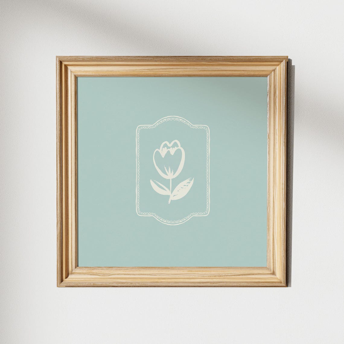 Minimal White Tulip Line Art Poster on Soft Sage Green Background