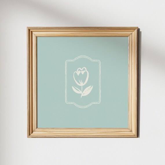 Minimal White Tulip Line Art Poster on Soft Sage Green Background