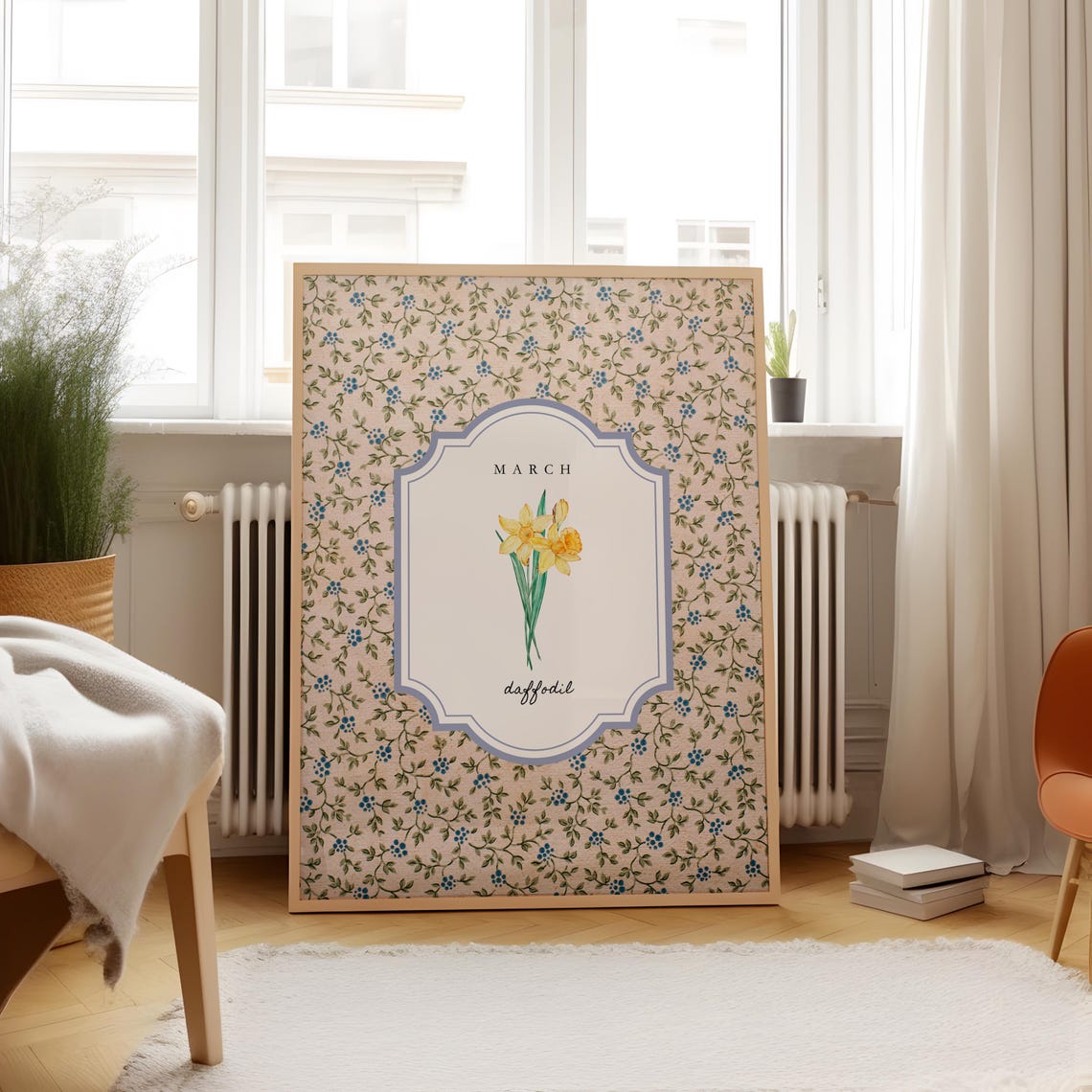 March Daffodil Birth Flower Poster on Pink Ditsy Floral Ground - Image 2