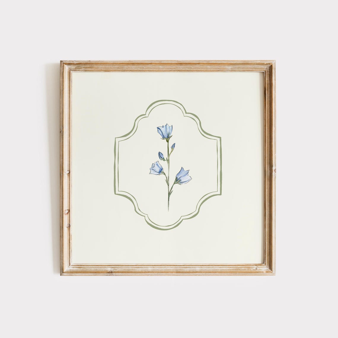 Blue Bluebell Wildflower Watercolor Sage Frame Nursery Wall Art Poster