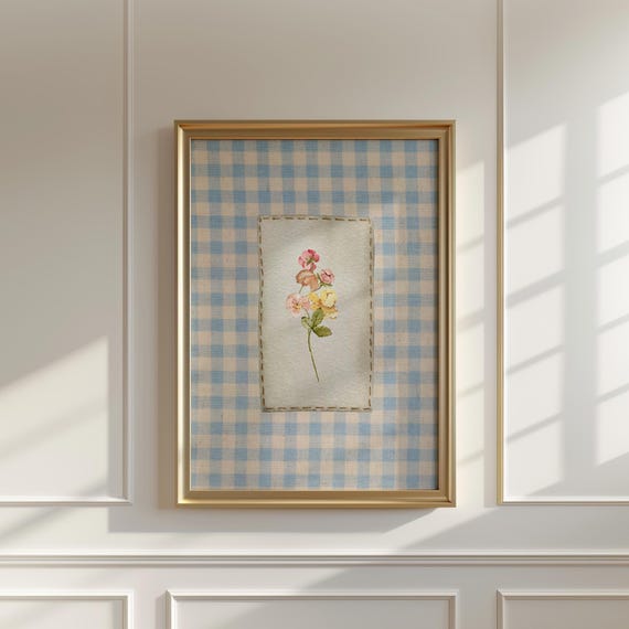 Blue Gingham Flower Print, Vintage Floral Nursery Decor
