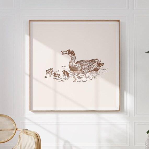 Mocha Brown Mother Duck And Ducklings Vintage Nursery Poster