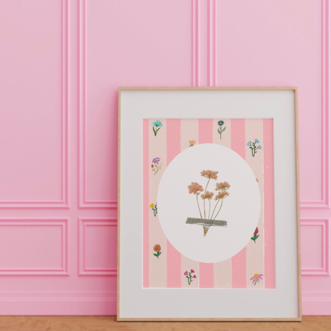 Pink Striped Floral Collage Circle Wildflowers Trendy Botanical Poster