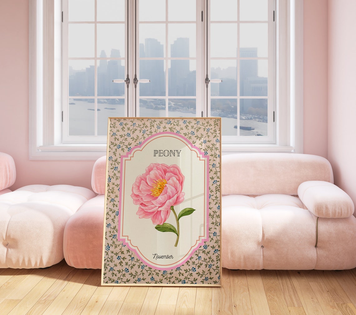 November Birth Flower Pink Peony Watercolor in Pink Label Frame Poster - Image 2