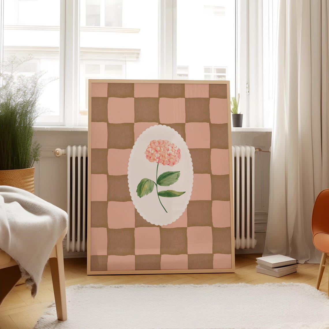 Pink Hydrangea Checkerboard Floral Vintage Style Wall Poster
