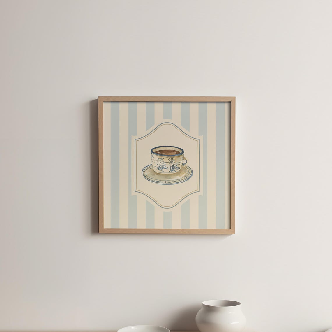 Blue Floral Porcelain Teacup Watercolor Striped Kitchen Wall Art Print - Image 5