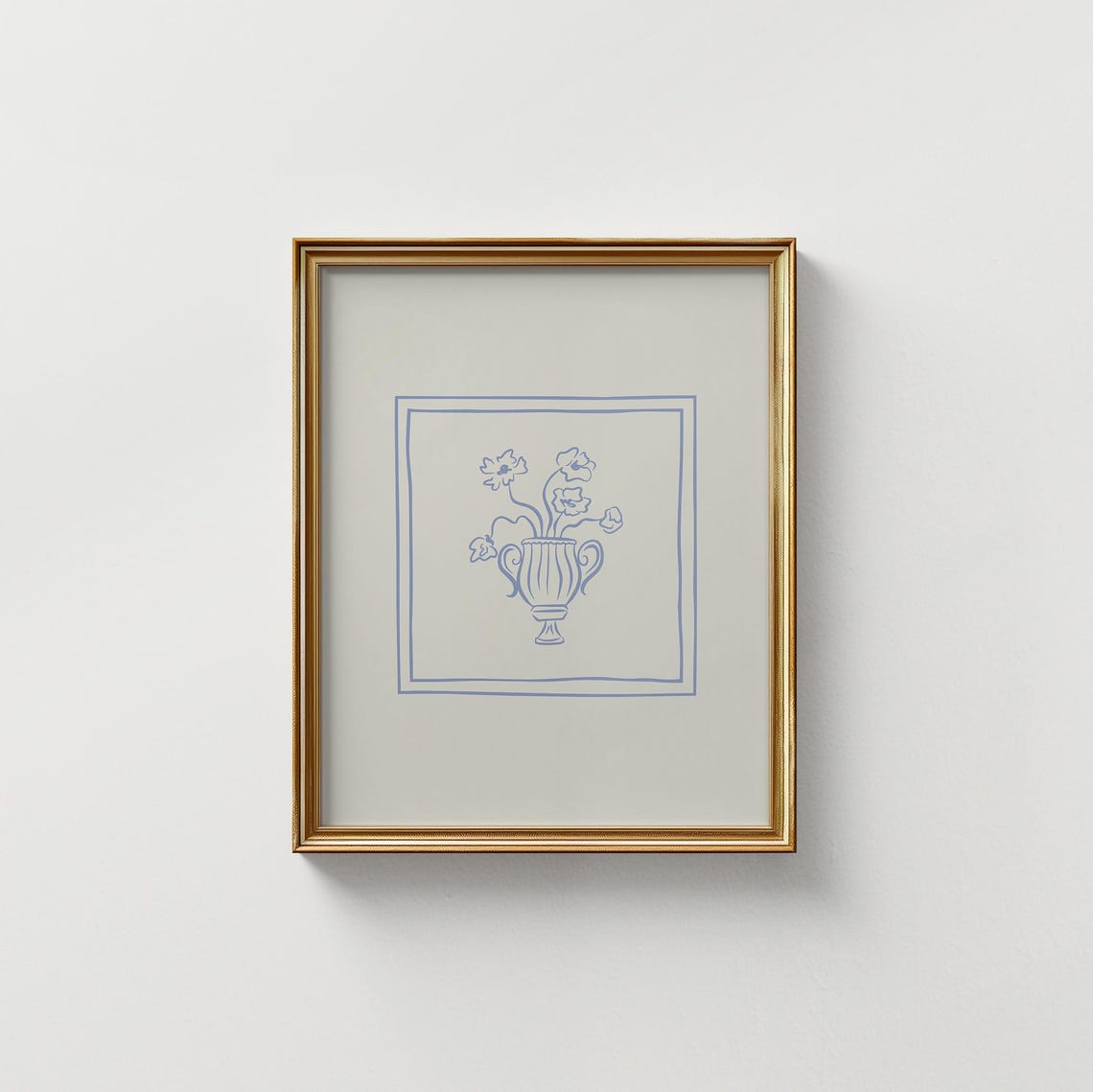 Light Blue Floral Urn Double Border Line Art Cream Simple Art Poster - Image 5