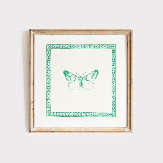 Vintage Green Minimal Butterfly Square Print Wall Art Kitchen Living Room Art Blue Thin Line Print
