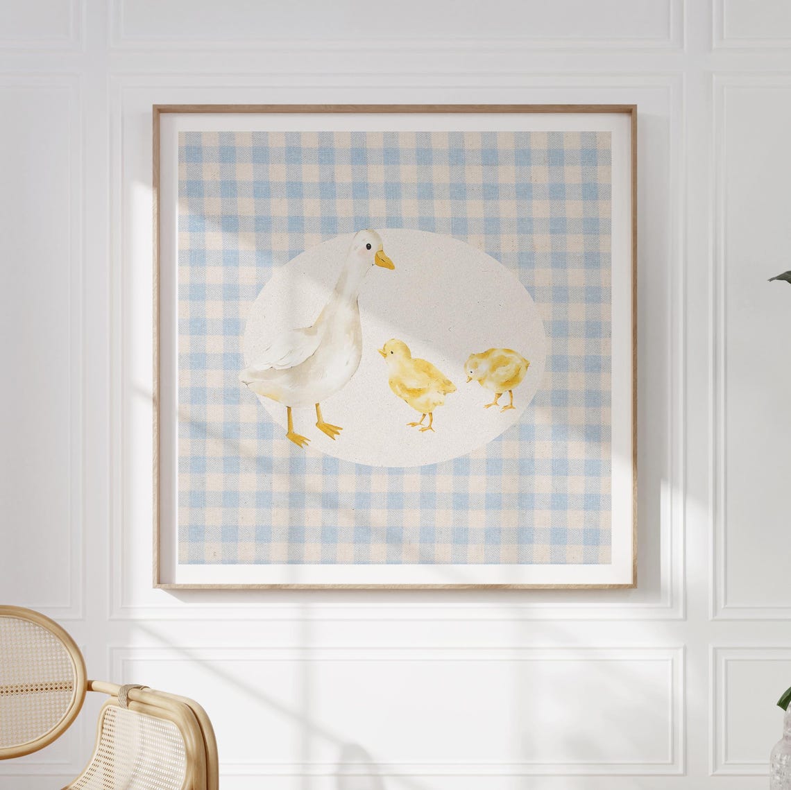 Vintage Gingham Mother Duck Print Wall Art Kitchen Living Room Art Blue Thin Line Print Nursery Square Art - Image 2