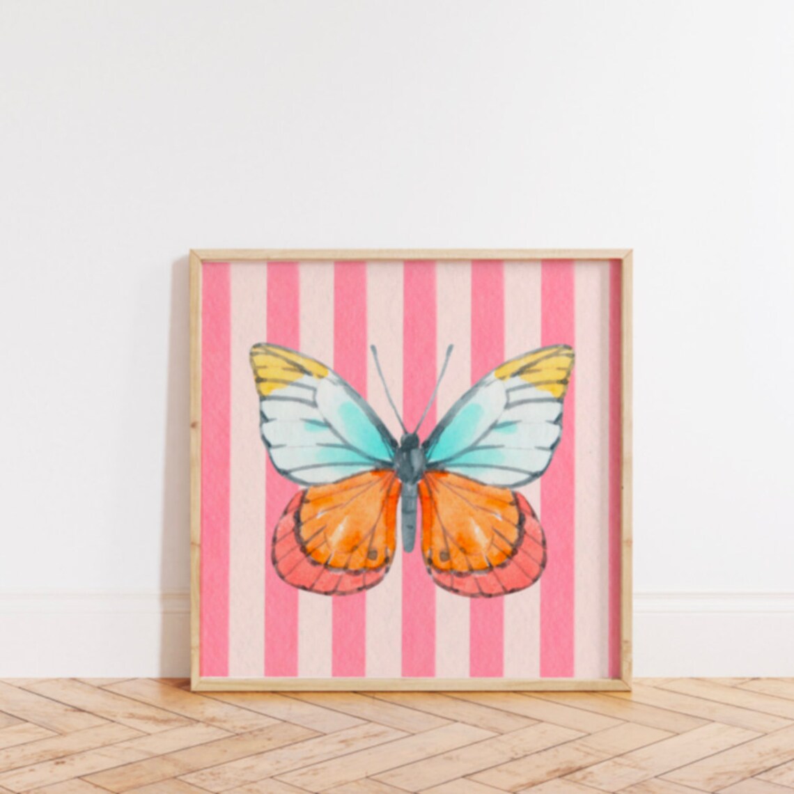 Pink Striped Watercolor Butterfly Art Print, Nursery Decor - Image 2