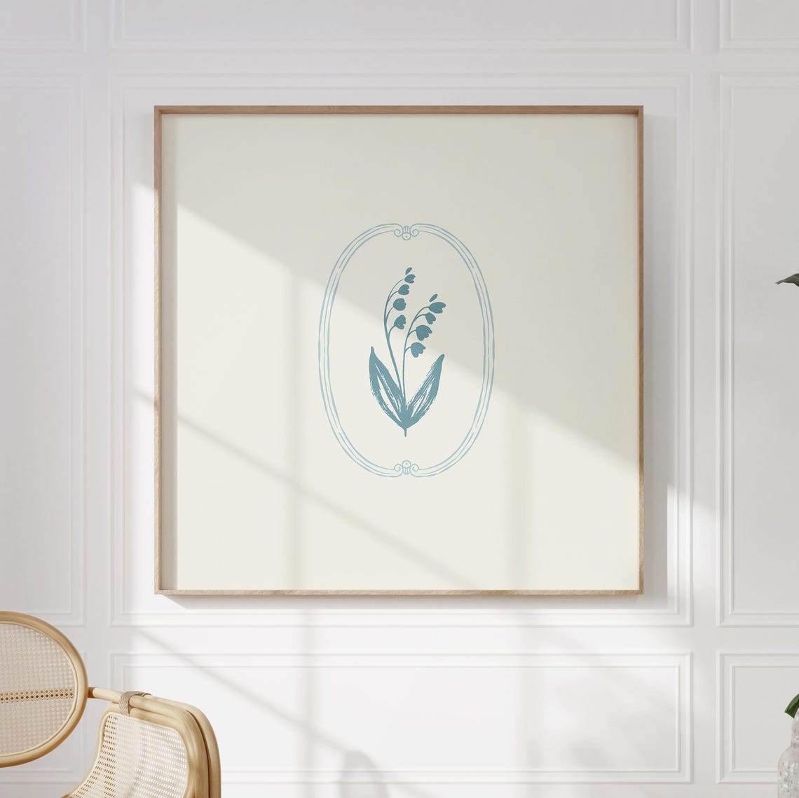 Cream Teal Lily of the Valley Sprig Oval Frame Botanical Art Poster - Image 2