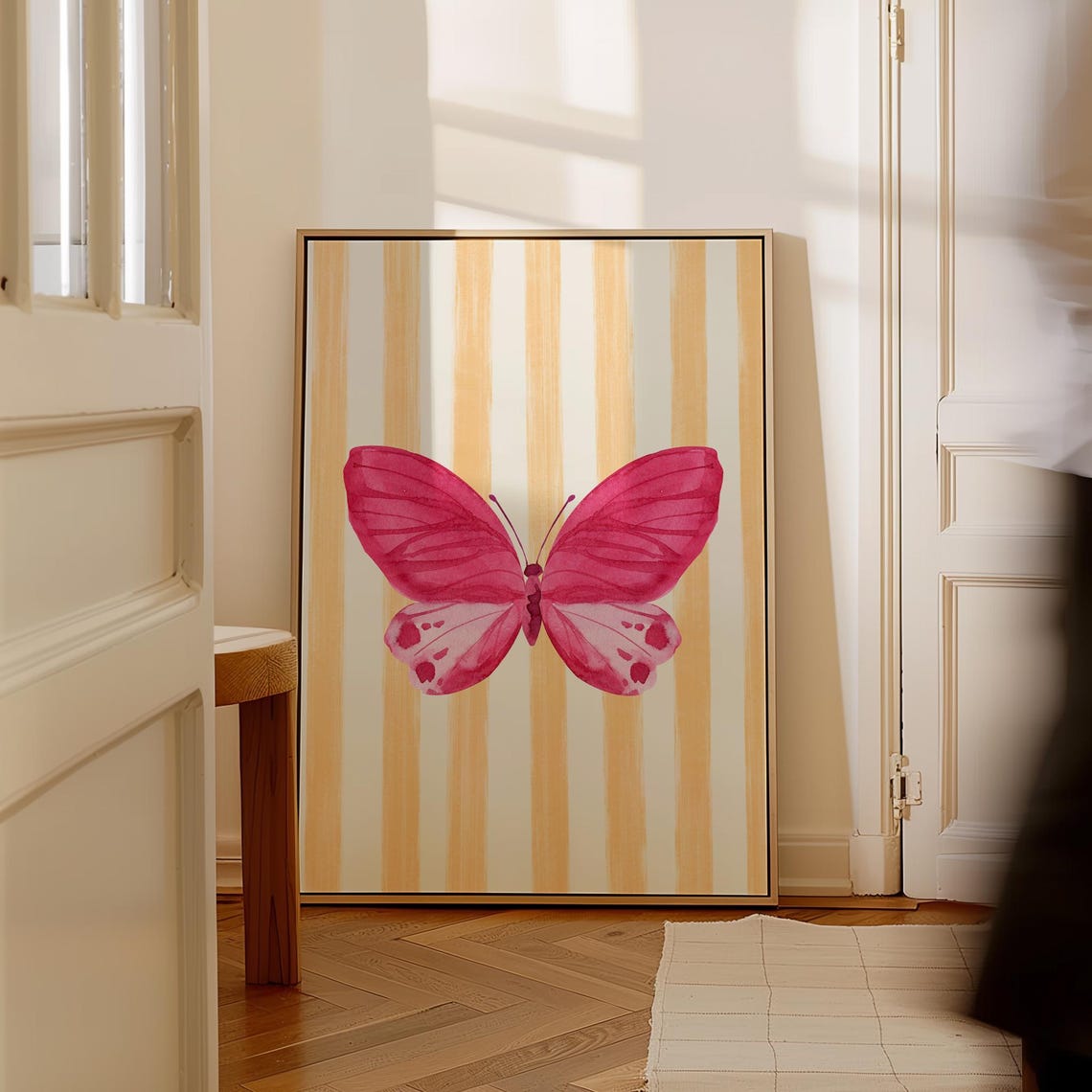 Pink Watercolor Butterfly Peach Stripe Background Nursery Art Poster - Image 5