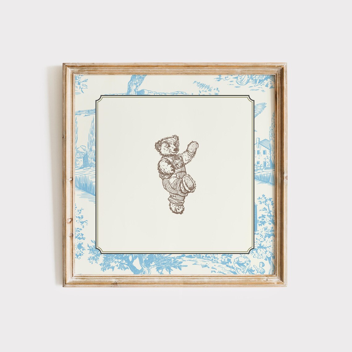 Vintage Blue Toile Waving Teddy Bear Overalls Cottage Nursery Wall Art Print - Image 3