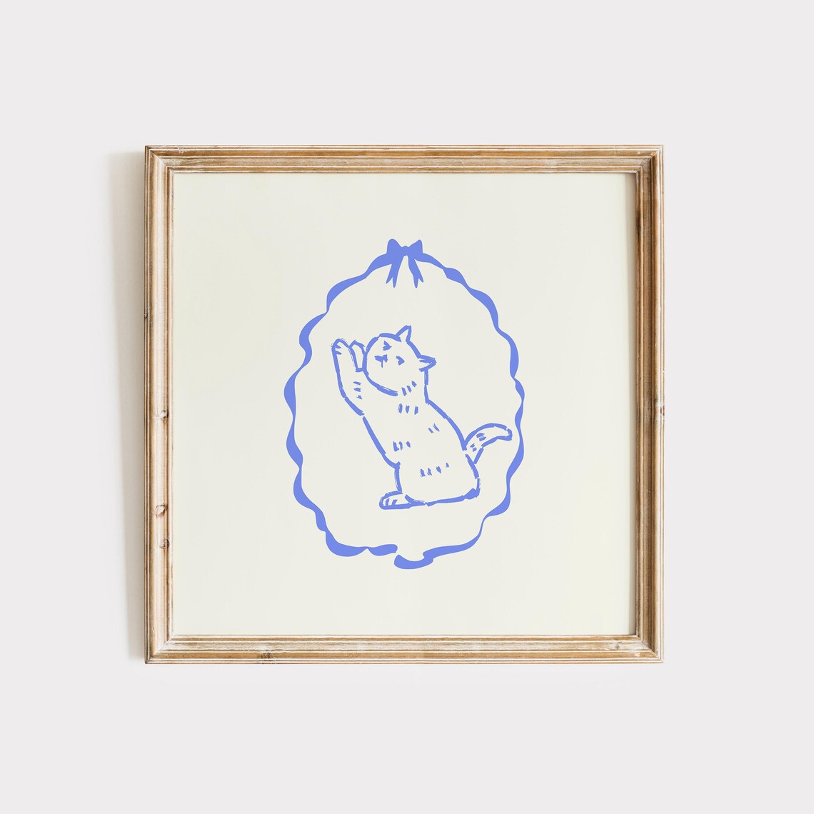 Blue Line Kitten Illustration Bow Frame Cute Kids Nursery Wall Art Poster - Image 2