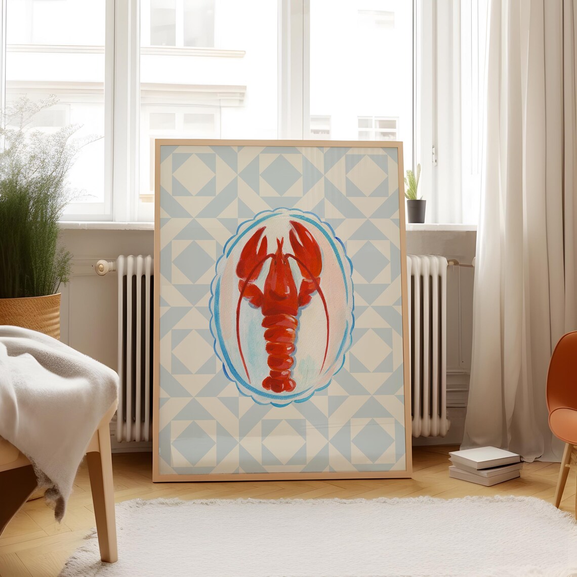 Blue Quilted Lobster Dinner Illustration Print Wall Art Wall Art Coastal Decor Beach House