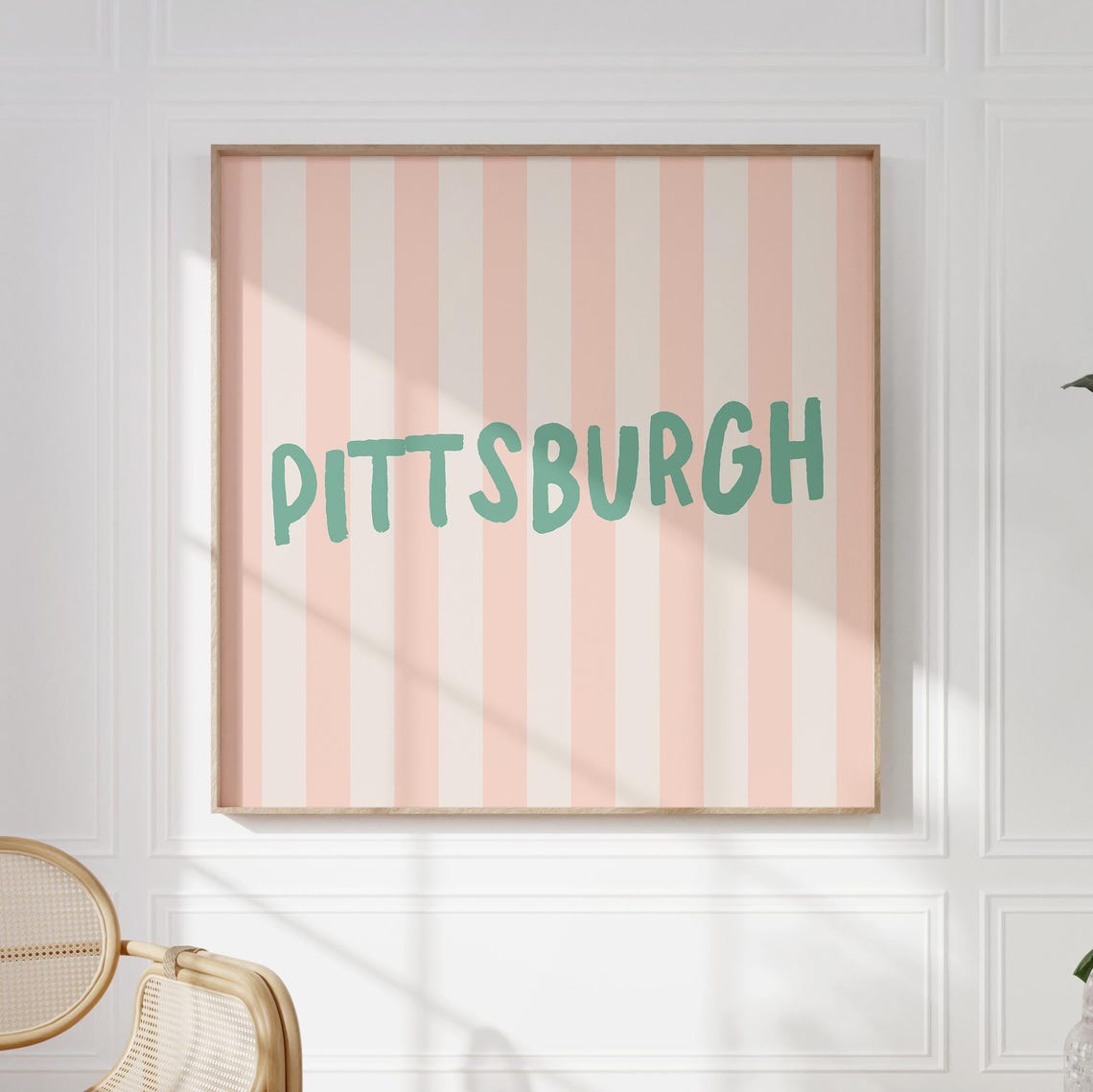 Pittsburgh Green Hand Lettered Pink Striped Square City Name Poster - Image 5