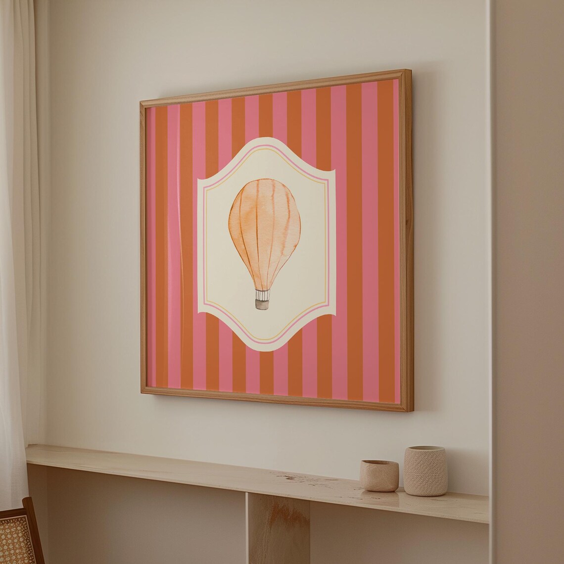 Peach Hot Air Balloon Watercolor Pink Striped Nursery Wall Art Print - Image 5