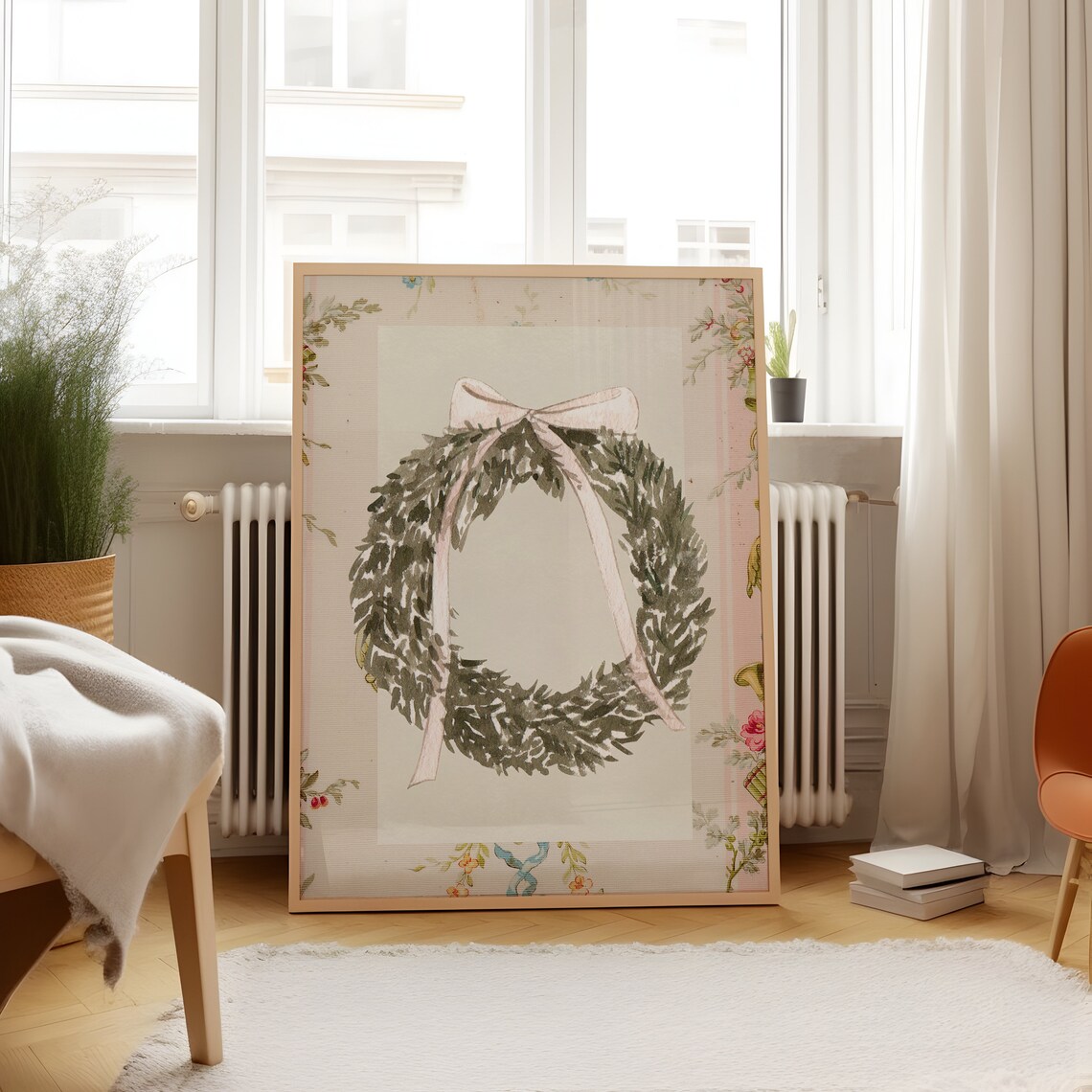 Christmas Pine Wreath with Pink Bow Vintage Holiday Season Poster