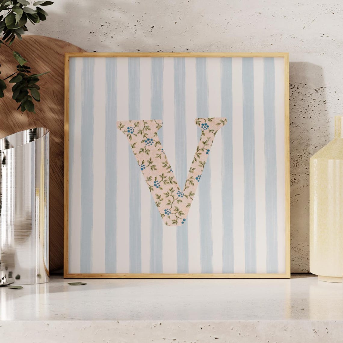 Vintage Floral Letter V Initial on Blue Striped Monogram Poster - Image 2