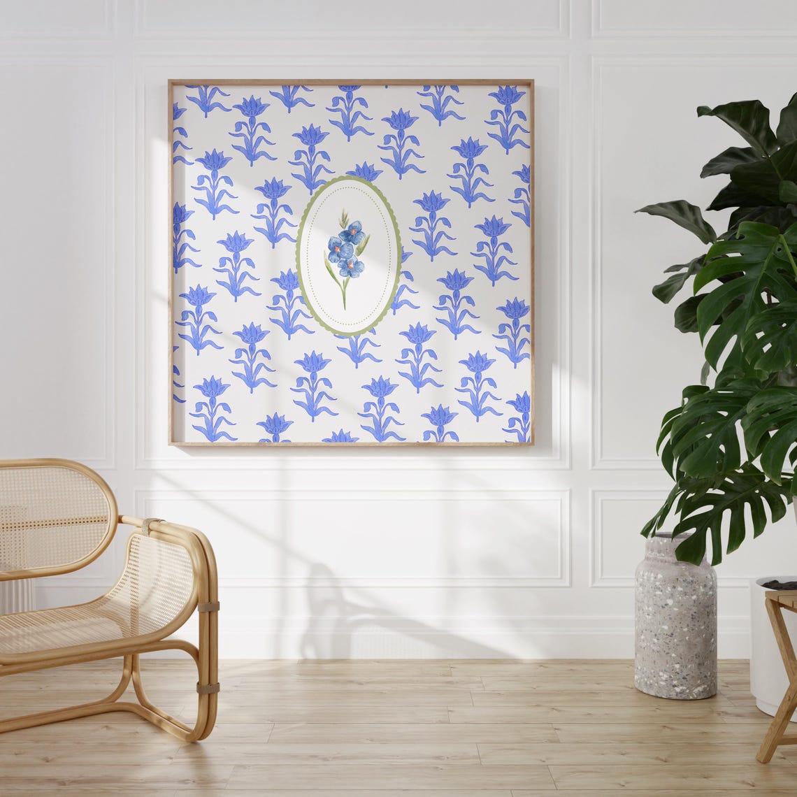 Rich Cobalt Blue Floral Pattern with Flower Medallion Poster - Image 2