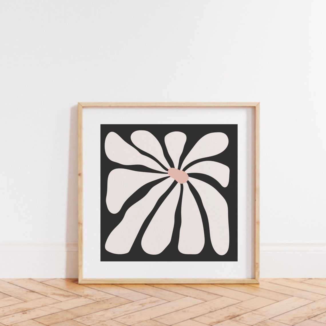 Charcoal Black Abstract Flower Cream Petals Square Art Print - Image 3